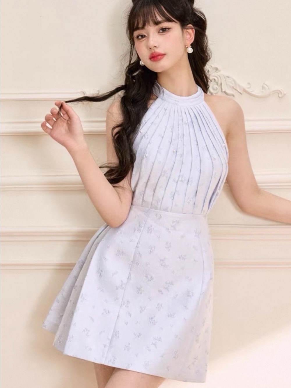 Japanese Kawaii Baby Blue Pearl Floral Embroidered Pleated Halter Mini Dress
